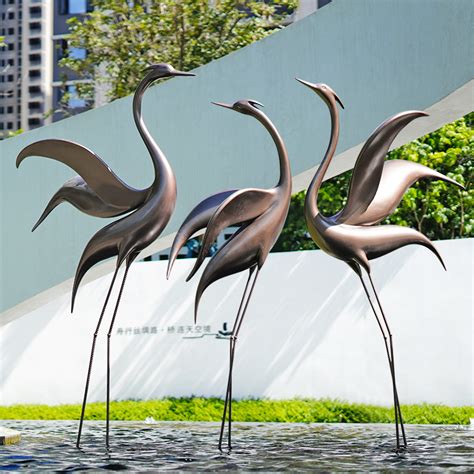 新中式仿铜仙鹤水池现代售楼部处园林景观玻璃钢装饰雕塑摆件造景