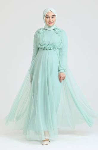 Mint Green Hijab Evening Dress 70003-01 | Sefamerve