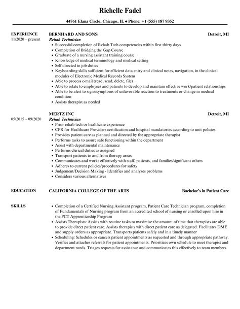 Rehab Technician Resume Samples | Velvet Jobs