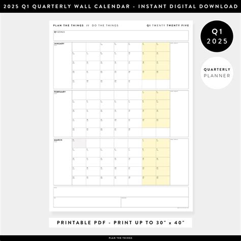 PRINTABLE Q1 (JANUARY - MARCH) 2025 QUARTERLY WALL CALENDAR (YELLOW) - - Plan The Things