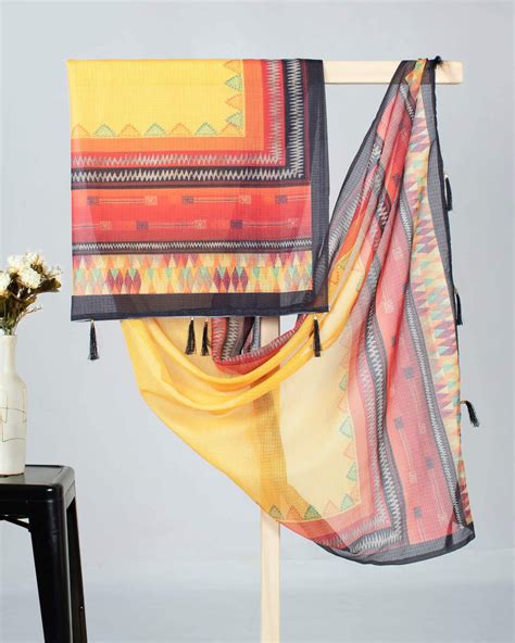 Sangria Red And Honey Yellow Chavron Pattern Digital Print Kota Doria ...