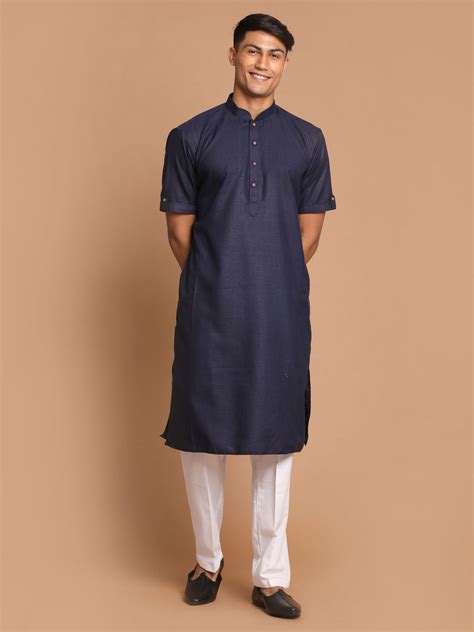 VASTRAMAY Men's Navy Blue Solid Kurta with White Pant style Cotton Pyj ...