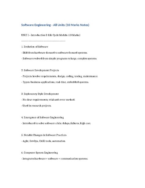 Software Engineering (CSE101) 10 Marks Notes: All Units Overview - Studocu