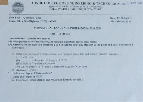 AIM-502 Final Exam Question Paper: Natural Language Processing - Studocu