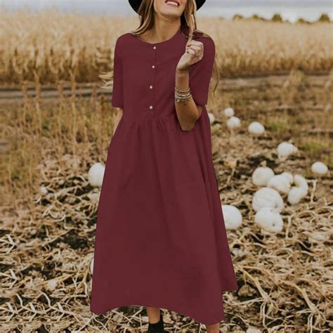 Breaise Linen Dresses for Women 2024 Casual Cotton Linen Dresses Plus Size Solid Round Neck ...