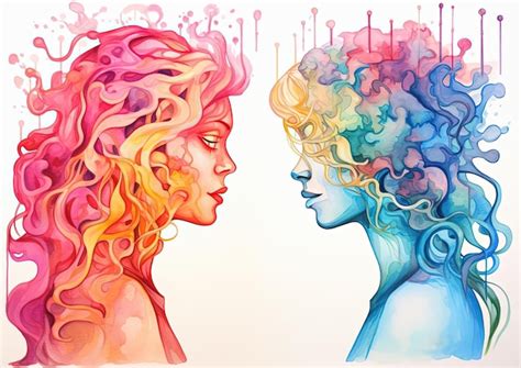 Pair of brains in watercolor in the style of psychological phenomena ...