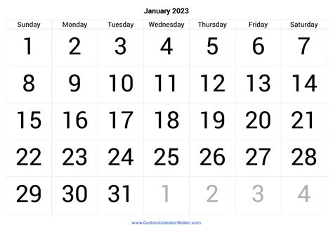January 2023 Calendar Printable With Large Numbers | Custom Calendar Maker