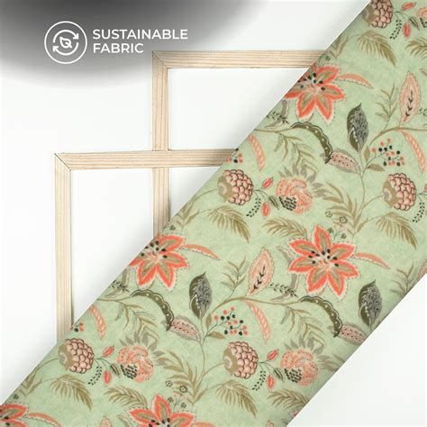 Sage Green And Orange Floral Digital Print Pure Cotton Mulmul Fabric ...