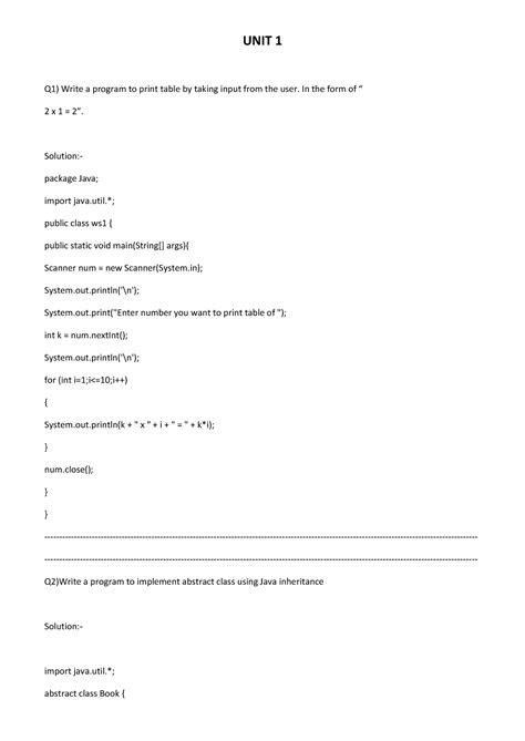 JAVA Codes - UNIT 1 Q1) Write a program to print table by taking input ...