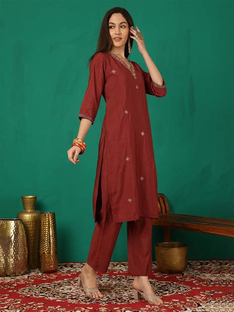 Women Maroon Silk Hand Work Yoke Solid Kurta with Trouser & Dupatta ...
