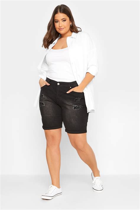 YOURS Plus Size Black Distressed Denim Shorts | Yours Clothing