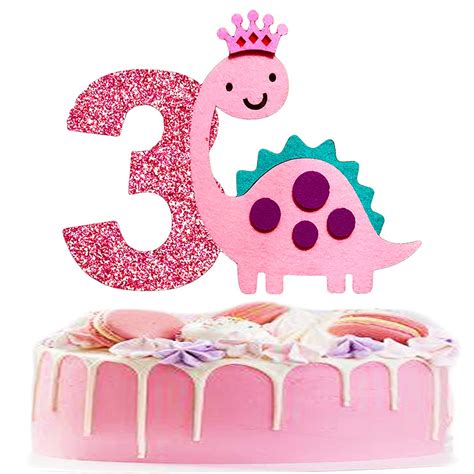 Buy BEOXAGAR baby Girl Pink Dinosaur cake topper, Dinosaur 3rd Cake ...