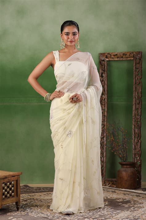 Off White Hand Embroidered Chiffon Saree – Geroo Jaipur