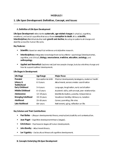 Module I: Life Span Development Overview and Key Concepts for Study ...