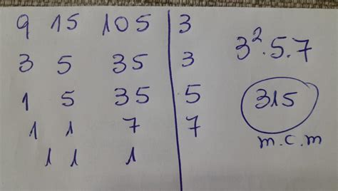 mcm(9,15,105) de esta forma ejemplo: 12 8 6|2 6 4 3|2 3 2 3|2 3 1 3|3 1 ...
