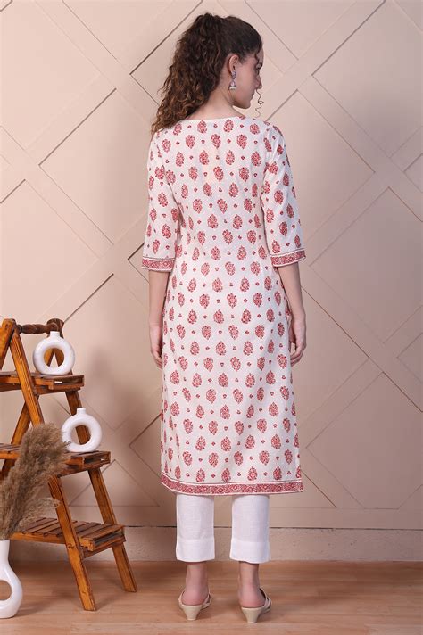 Buy Cream Ethnic Motifs Cotton Blend Straight Kurta Online for Woman ...