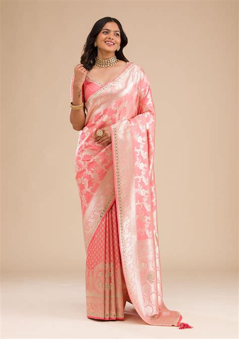 Buy Peach Zariwork Banarasi Silk Saree - Koskii