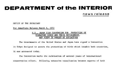 U.S., Japan Sign Convention for Protection of Migratory Birds and Their ...