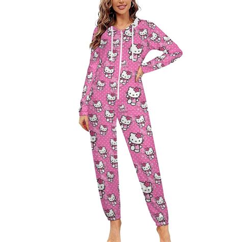 Hello Kitty Unisex Onesie Pajamas Zipper Jumpsuit Hooded One Piece ...