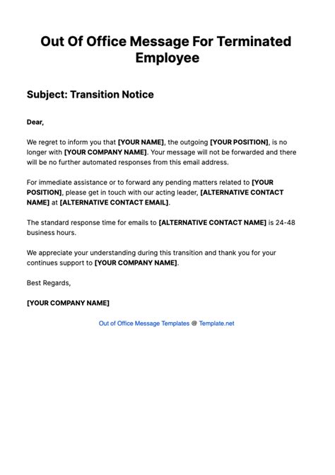 Free Out Of Office Message For Terminated Employee Template to Edit Online