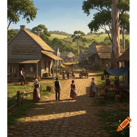 A detailed illustration of a lively 1800s village street scene with ...