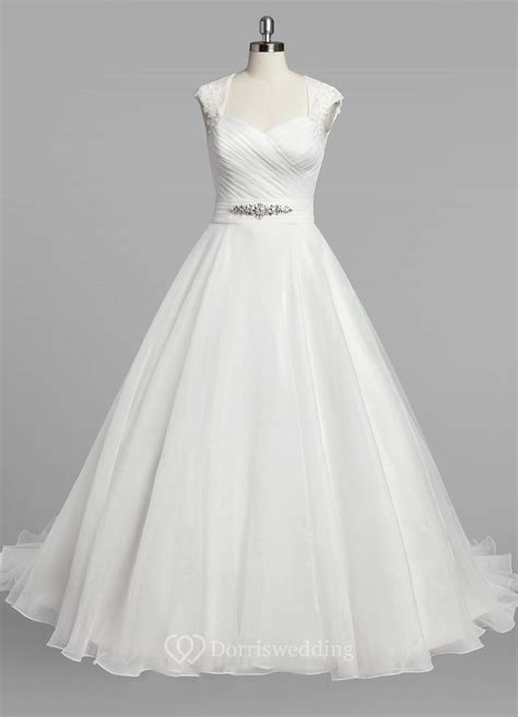 Queen-Anne Neck Cap Sleeve A-Line Organza Wedding Dress With Ruching and Beading - Dorris Wedding