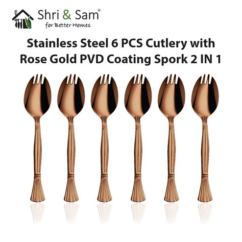 Stainless Steel 6 PCS Cutlery with Rose Gold PVD Coating Spork 2 IN 1