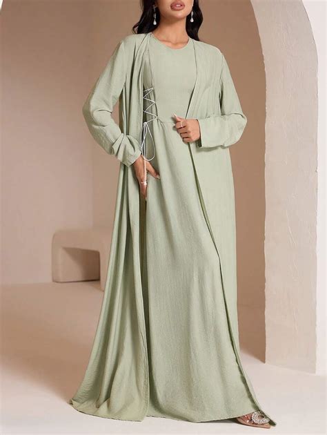 Veilorie 2pcs/Set Women Conservative Casual Tied Waist Dress & Robe ...