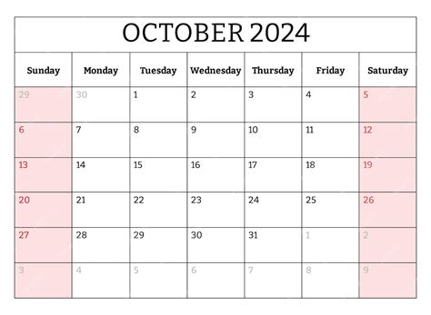 Calendario mensual en inglés de octubre de 2024 Ilustración impresible ...