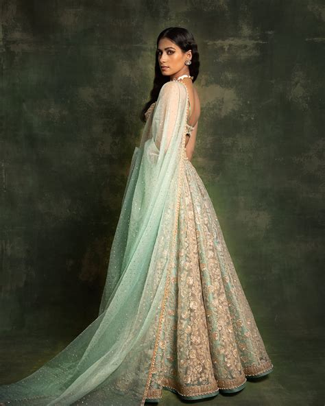 Jade and gold embroidered tulle lehenga | Cedar & Pine
