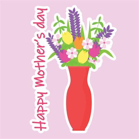 Square card for Mother's Day. Banner with bouquet of flowers in red vase. Vector illustration ...