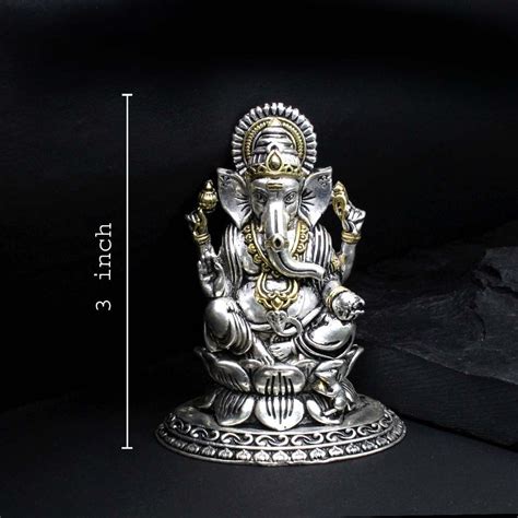 2D Solid 925 Sterling Silver Oxidized Ganesha Idol religious Diwali gi ...