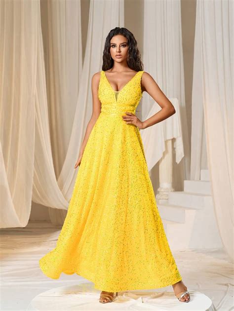 Plunging Neck Floor Length Sequins Formal Dress | SHEIN USA