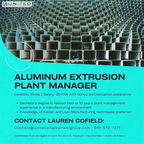 Aluminum Extrusion Plant Manager Location: Illinois | Salary: 95-110k with bonus and relocation ...