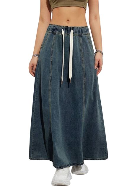 Women's Denim Long Skirts Elastic Drawstring High Waist A Line Maxi ...