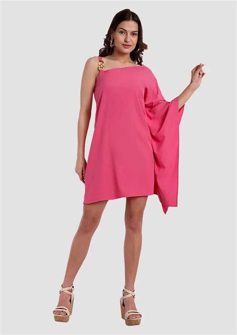Pink Asymmetric Neck Kaftan Mini Dress - IKI CHIC