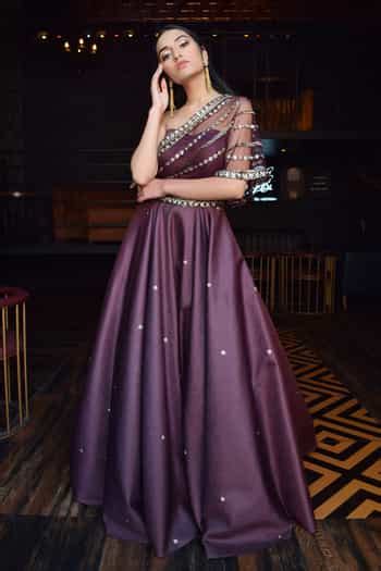 Buy Purple Textured Jacquard Asymmetric One Shoulder Cape Gown For ...
