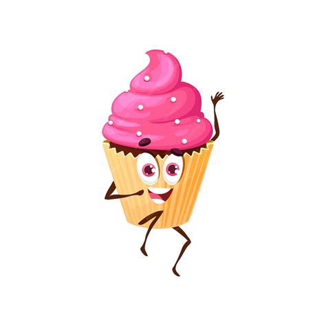 Cartoon funny dancing cupcake character vector muffin dessert with pink ...