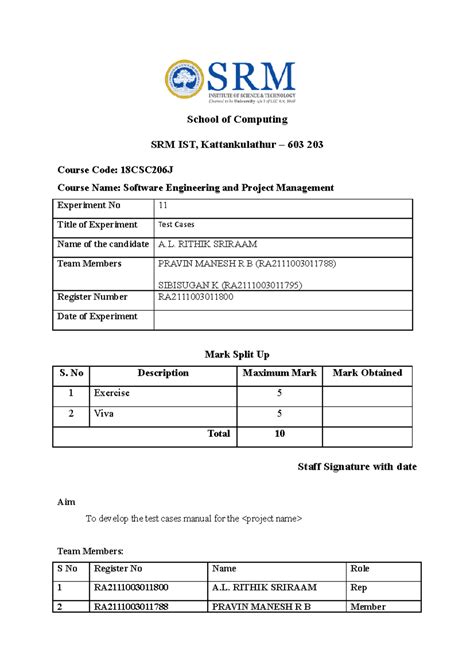 18CSC206J SEPM Ex 11 - week 11 - School of Computing SRM IST ...