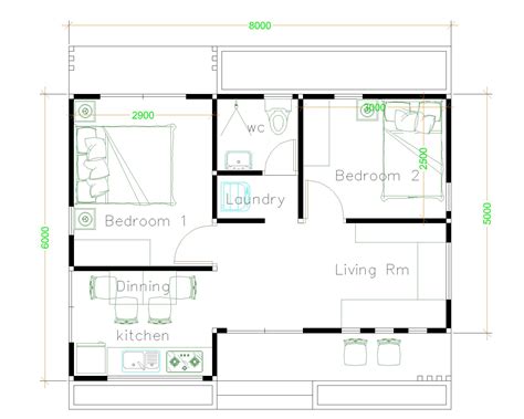 House Design Plans 8x6 with 2 Bedrooms - House Plans 3D