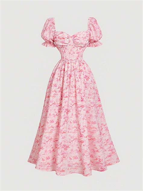 SHEIN MOD Pink Romantic Retro Puff Sleeve Women's Long Dress, Spring ...