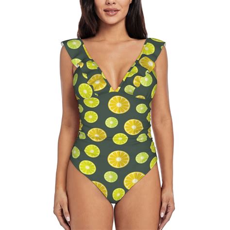 One Piece Swimsuits Women Tummy Control, Green Yellow Lemon Bathing ...