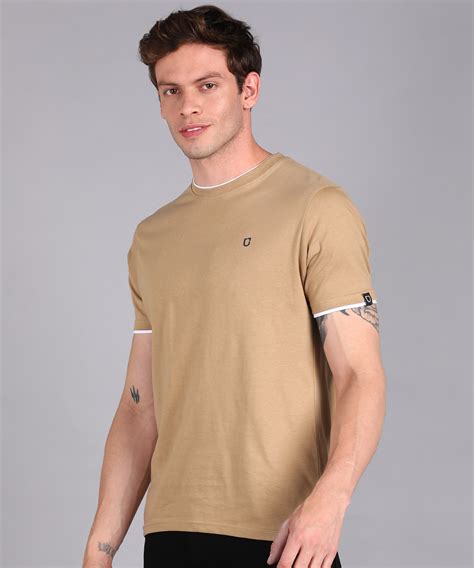 Men's Solid Khaki Round Neck Half Sleeve Slim Fit Cotton T-Shirt ...
