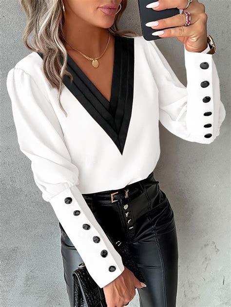 Women's Blouse Buttoned Pleated Work Stylish Modern Long Sleeve White ...
