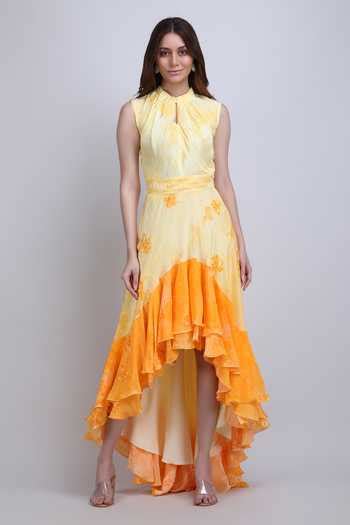Buy Yellow Crepe, Viscose Keyhole , High Floral Low Ruffle Dress For ...