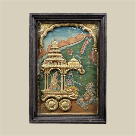 40" Geethopadesam Tanjore Painting with Embossed Detailing and Teakwoo
