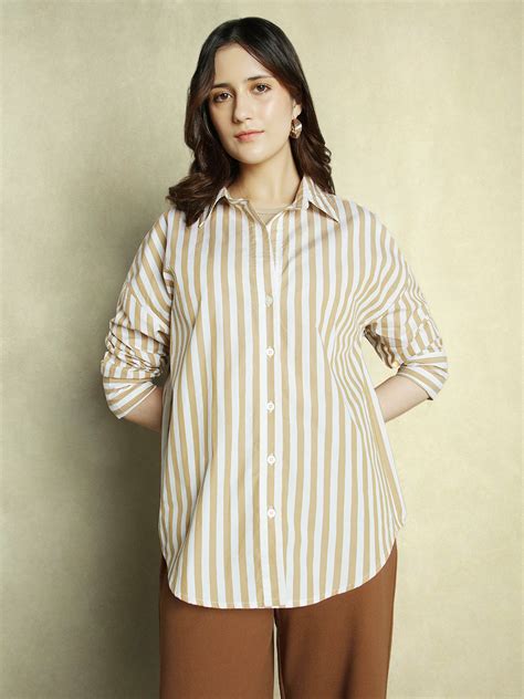 Khaki Striped Full Sleeves Spread Collar Oversized Shirt – DENNIS LINGO