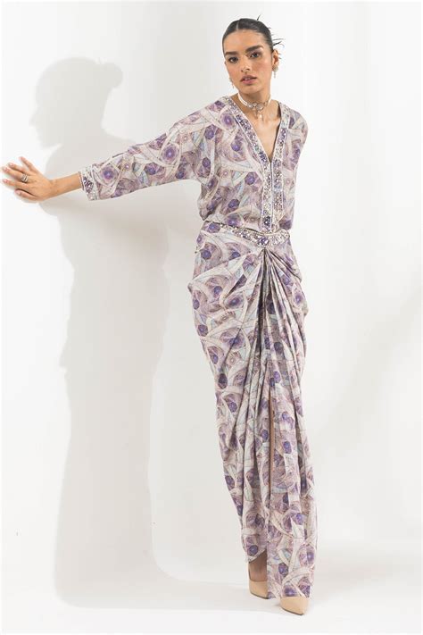 Thopic printed drape skirt & shirt with pearl work detailing ...