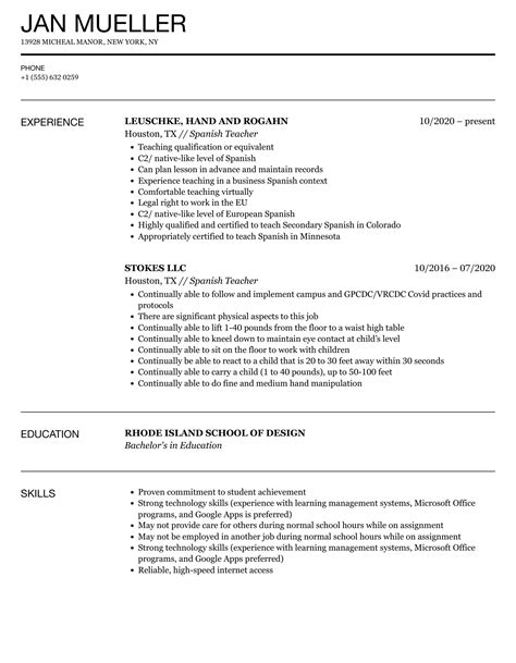 Spanish Teacher Resume Samples | Velvet Jobs