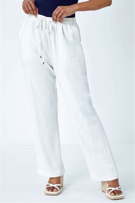 White Petite Wide Leg Linen Blend Trouser | Roman UK